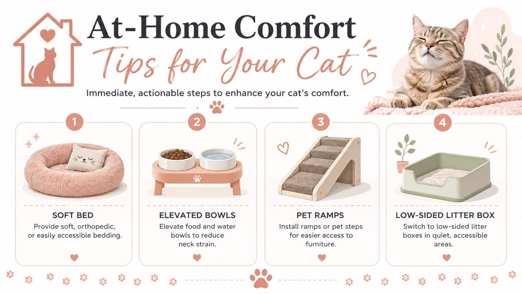 An infographic titled At-Home Comfort Tips for Your Cat featuring four tips with illustrations for pet owners.
