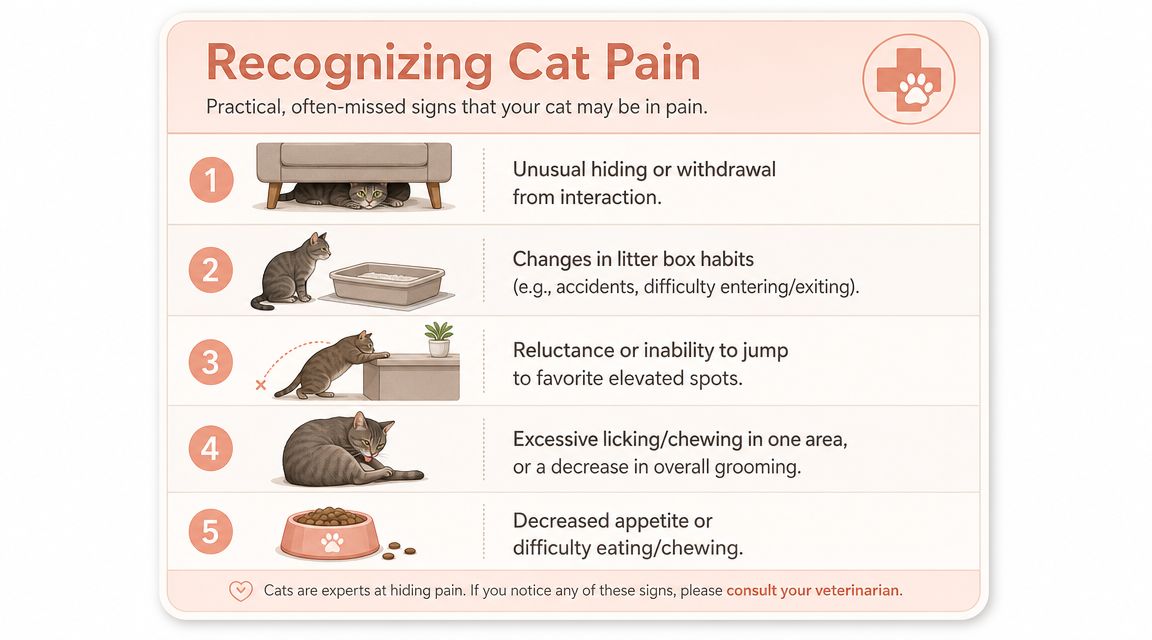 An infographic titled Recognizing Cat Pain listing five common behavioral signs that indicate a cat is experiencing pain.