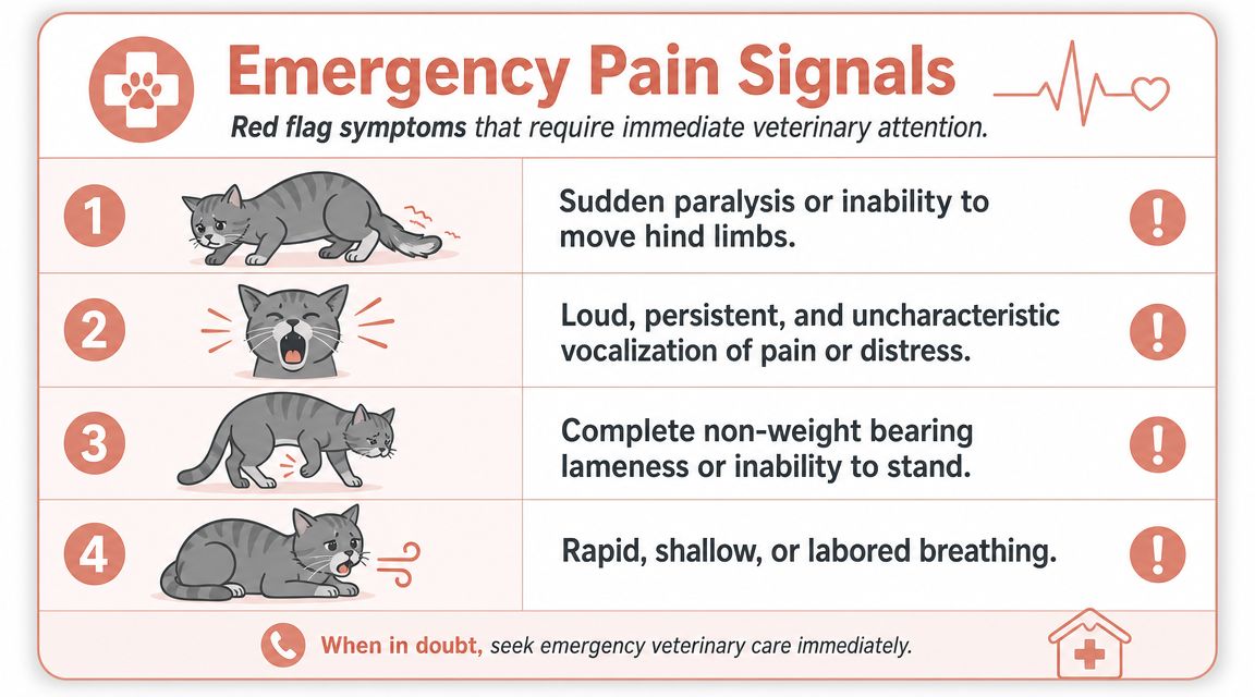 An infographic showing four red flag symptoms of cat pain that require immediate emergency veterinary care.