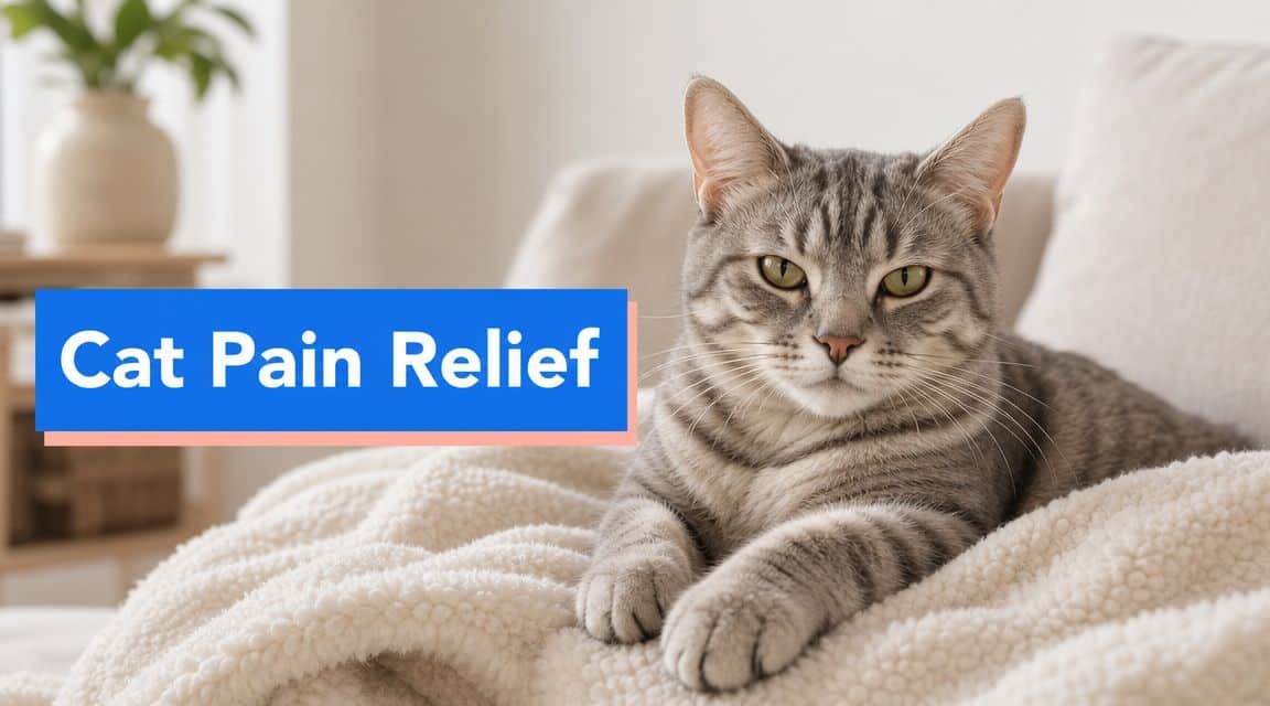 Gray tabby cat resting on a soft beige blanket with a blue banner reading 'Cat Pain Relief' nearby.
