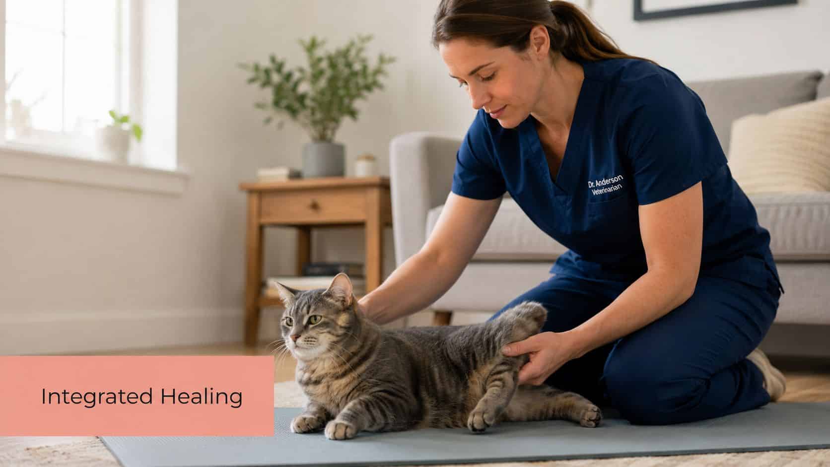A veterinarian gently examines a grey tabby cat on a mat at home for physical therapy.