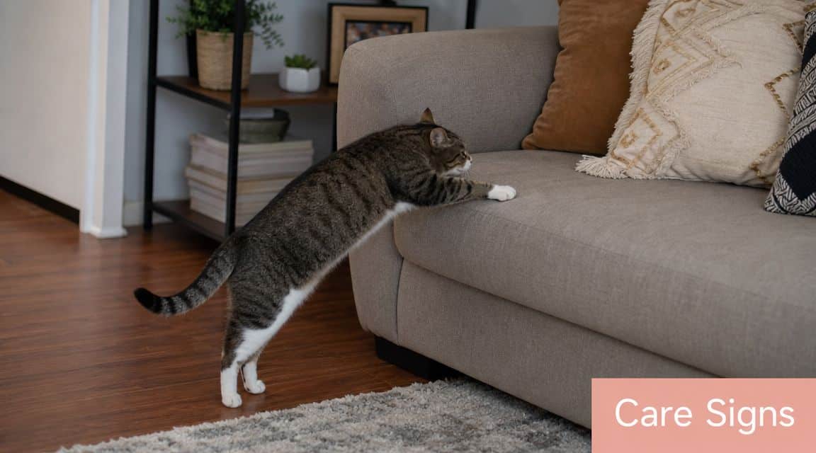A brown tabby cat scratching the side of a grey sofa in a living room setting.