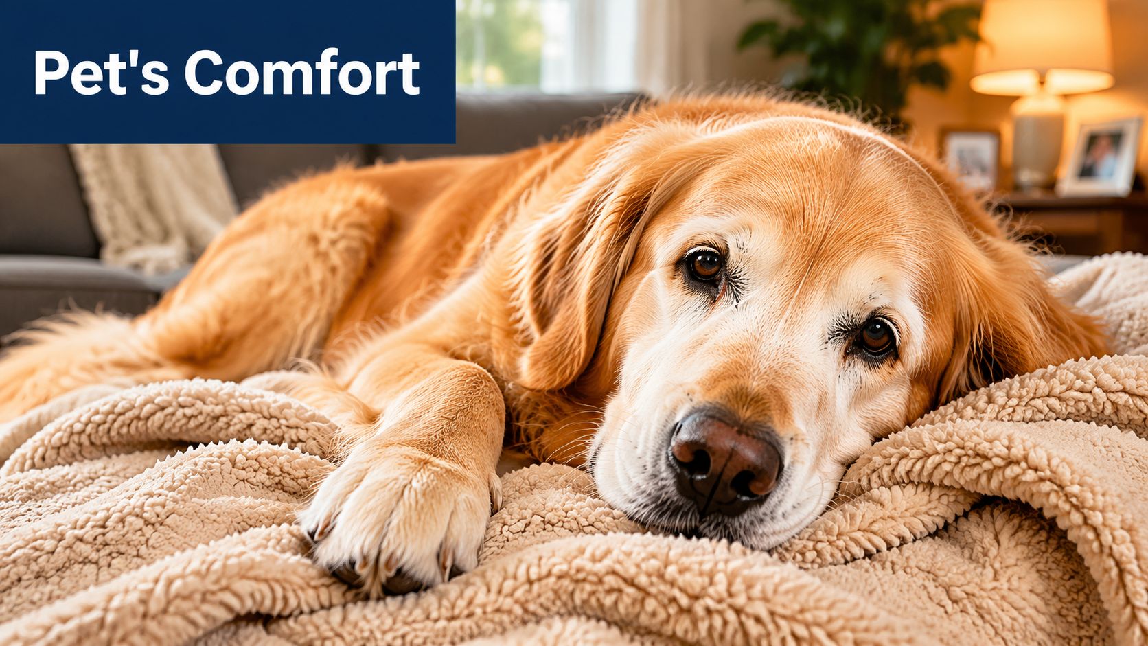 A gentle, older golden retriever resting peacefully on a soft, textured beige blanket in a cozy room.