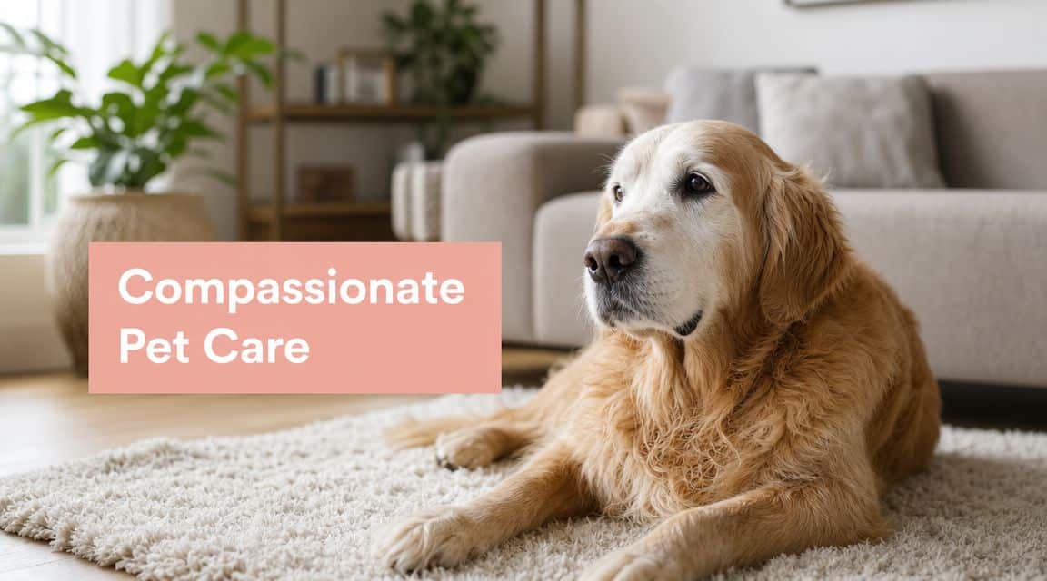 Golden retriever lying on a rug in a living room with a peach banner reading 'Compassionate Pet Care'.