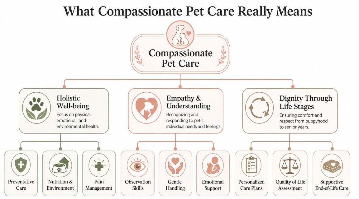 A flowchart infographic detailing the core components of compassionate pet care including well-being, empathy, and dignity.