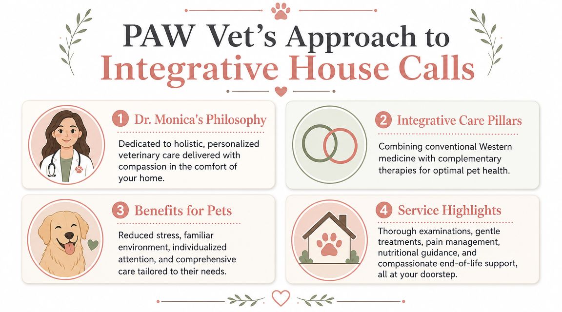 An infographic detailing PAW Vet's approach to integrative house calls, focusing on personalized and compassionate veterinary care.