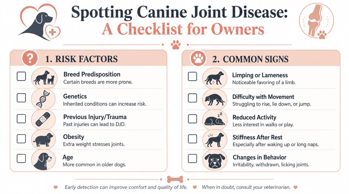 A checklist for dog owners to identify risk factors and common signs of canine joint disease.