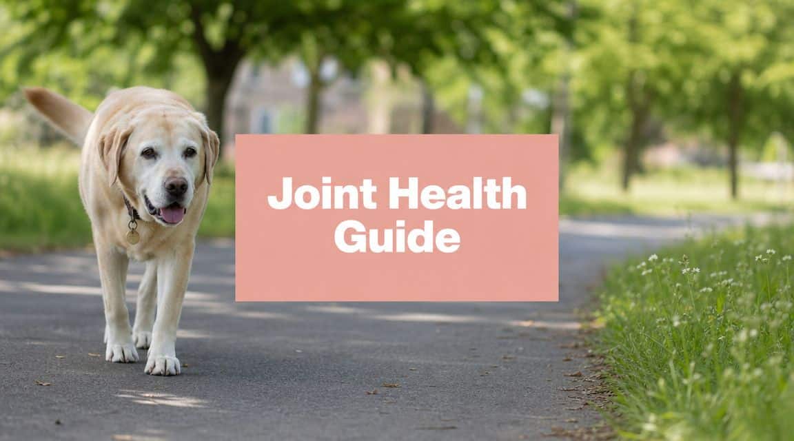 Golden retriever walking on a park path with a pink banner reading 'Joint Health Guide' overlaying the scene.