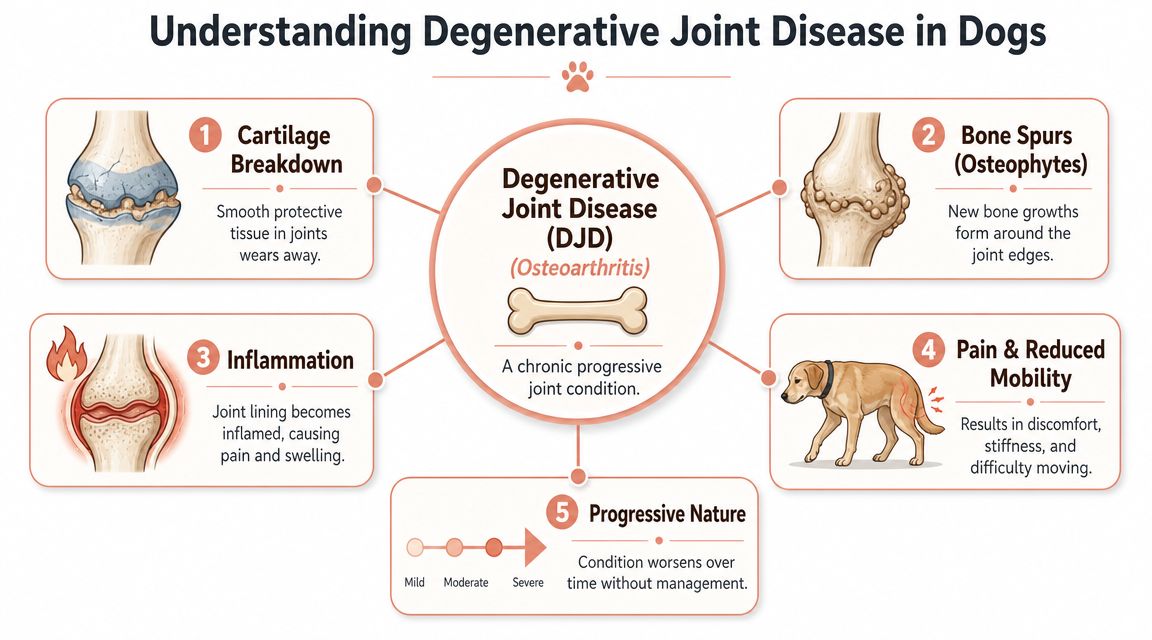 An infographic showing the five key components and symptoms of degenerative joint disease in dogs.