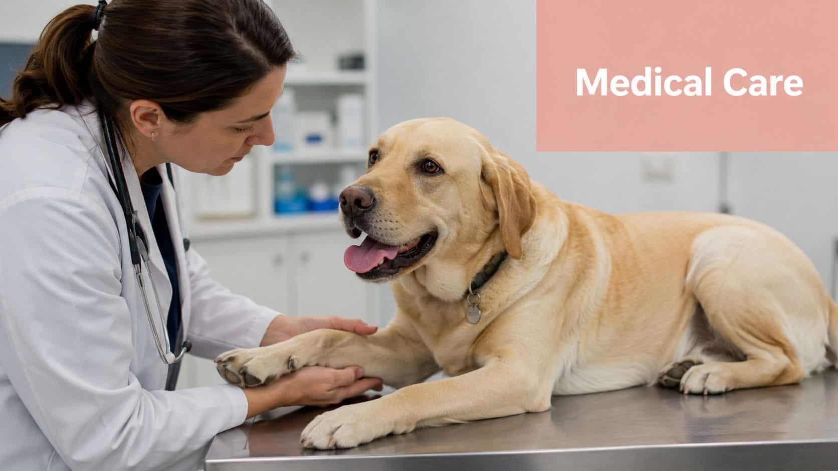 A female veterinarian wearing a white coat examines the paw of a yellow Labrador retriever dog.