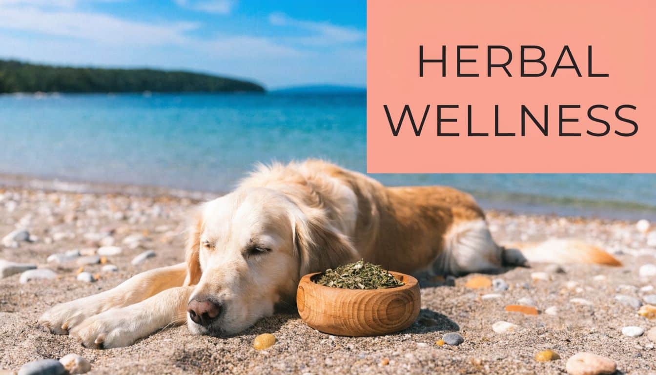 A golden retriever dog resting on a rocky beach next to a wooden bowl of herbs.