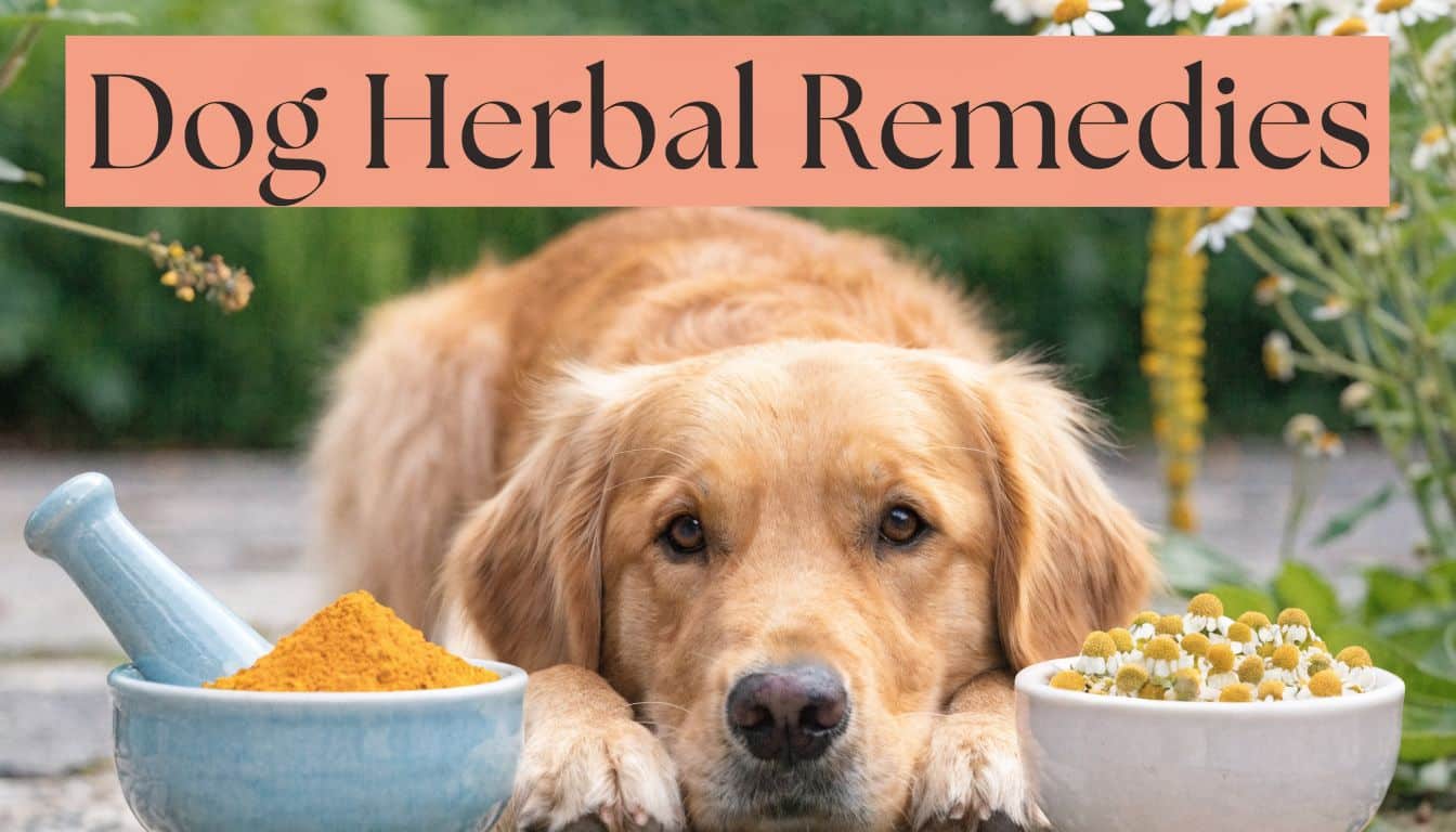 Golden retriever resting its paws between a turmeric powder bowl and a chamomile flower bowl under a peach banner that reads 'Dog Herbal Remedies'.