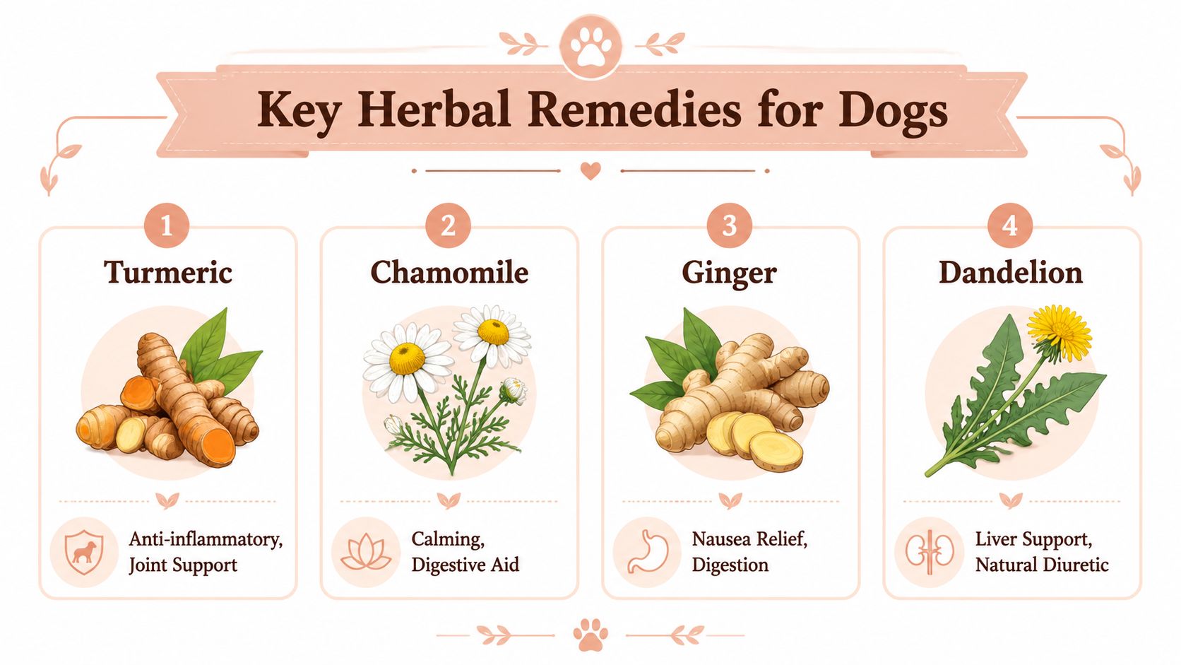 A visual guide detailing four key herbal remedies for dogs, including turmeric, chamomile, ginger, and dandelion.