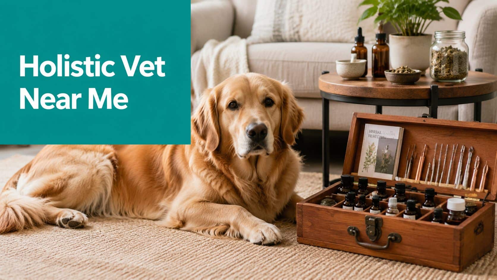 Golden retriever lying on a rug beside a wooden essential-oil kit; teal banner says 'Holistic Vet Near Me'.