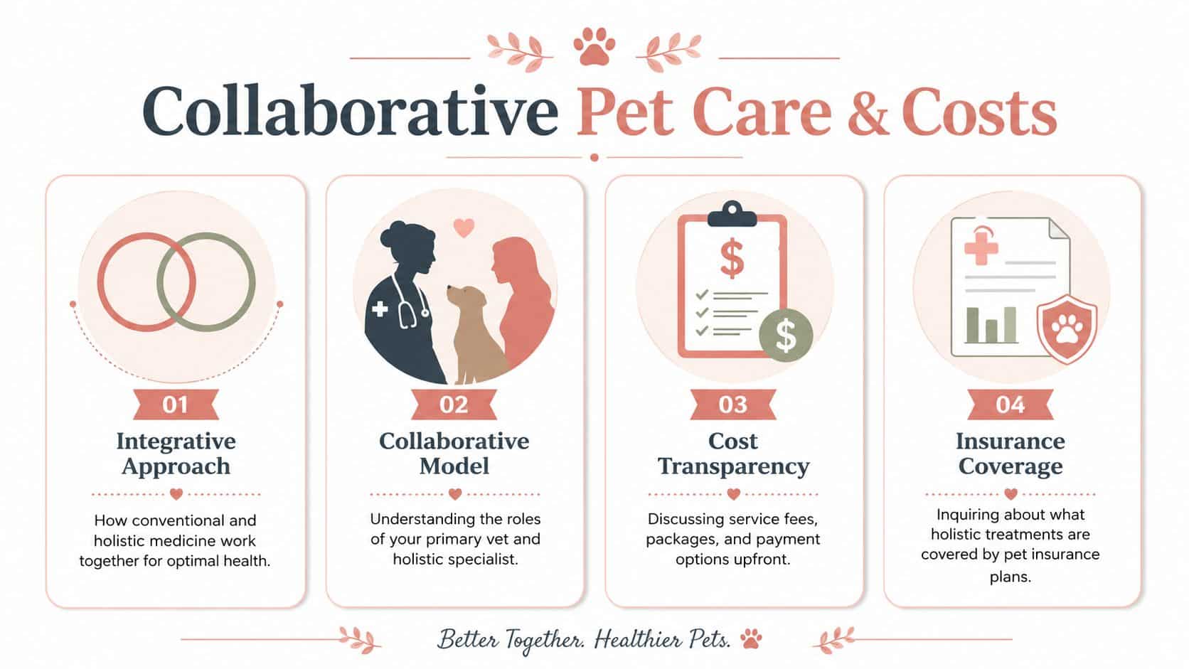 An infographic titled Collaborative Pet Care and Costs showing four steps for integrated veterinary care.