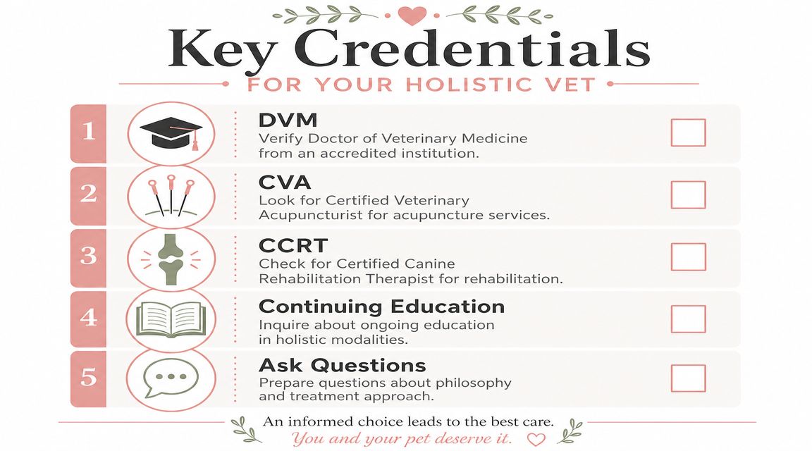 A checklist infographic outlining five key credentials to look for when choosing a holistic veterinarian for pets.