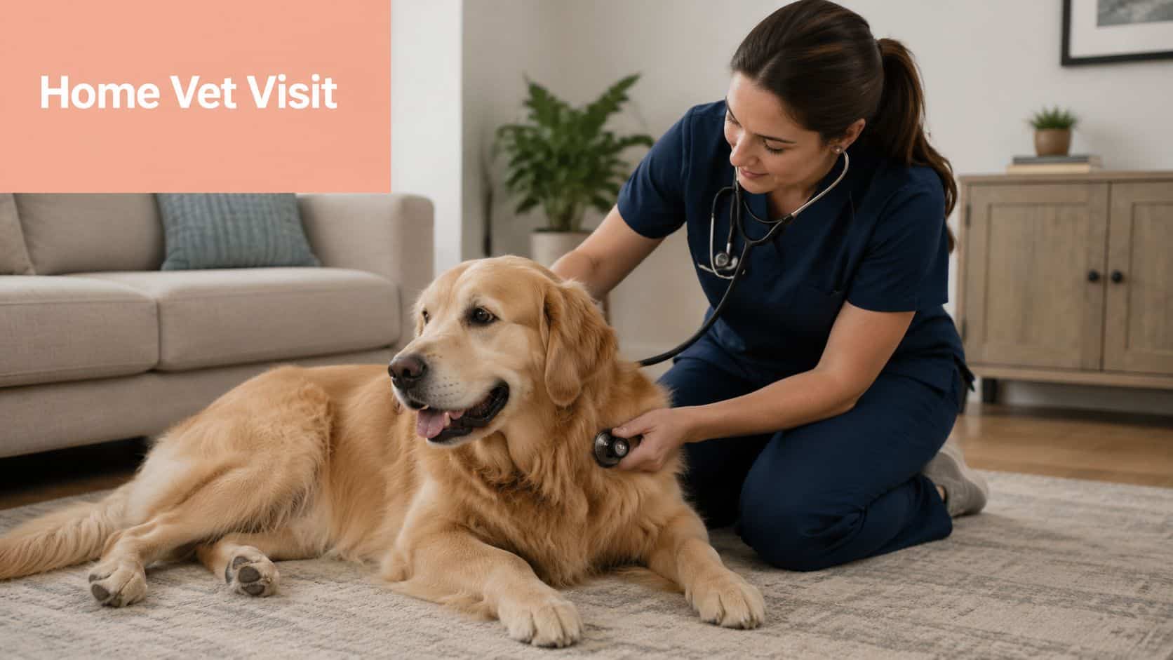 A professional veterinarian performing a health examination on a golden retriever dog during a home visit.