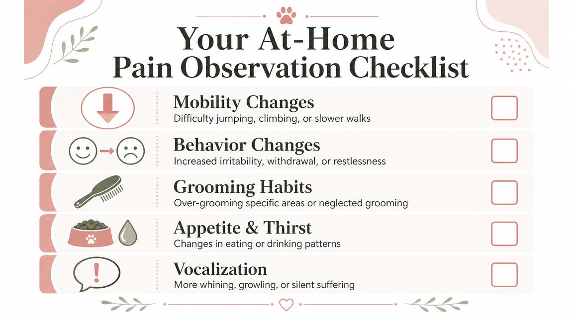 A checklist for pet owners to observe signs of pain in senior dogs and cats at home.