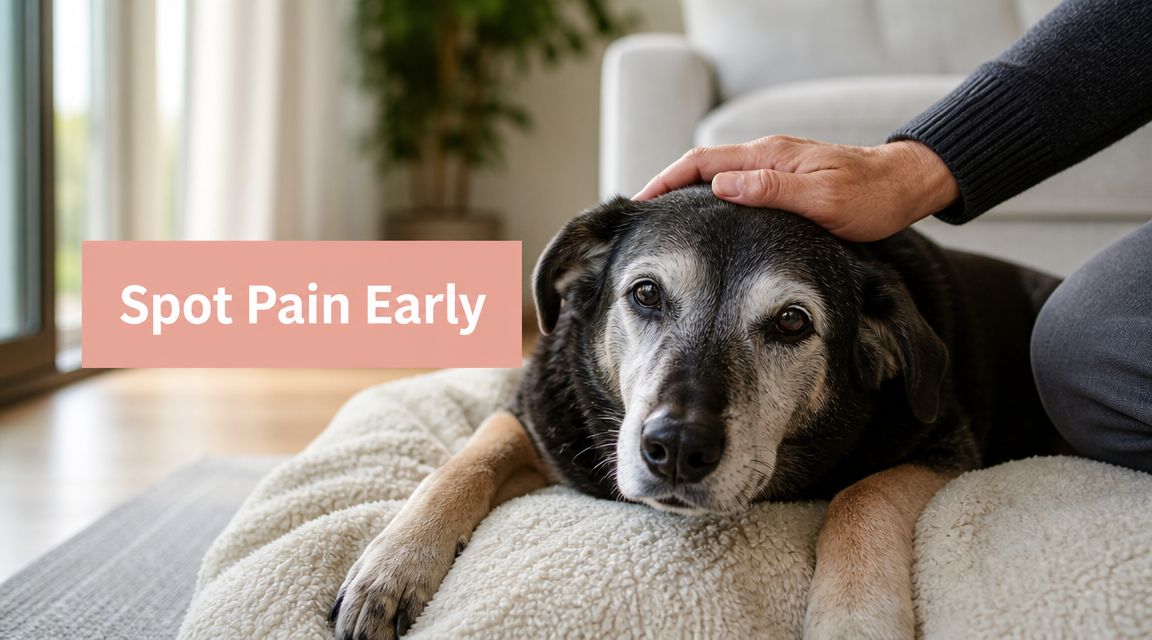 Dog relaxing on a soft blanket as a person pets its head; a pink banner reads 'Spot Pain Early'.