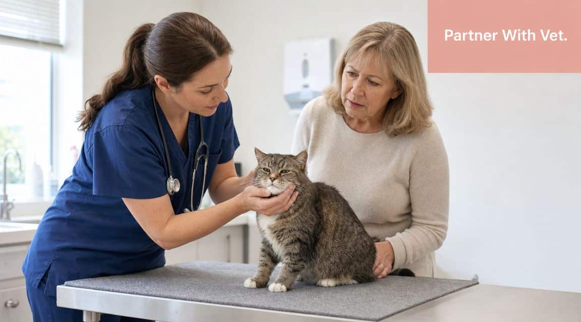 A female veterinarian examining a senior cat sitting on a medical table with its owner present.