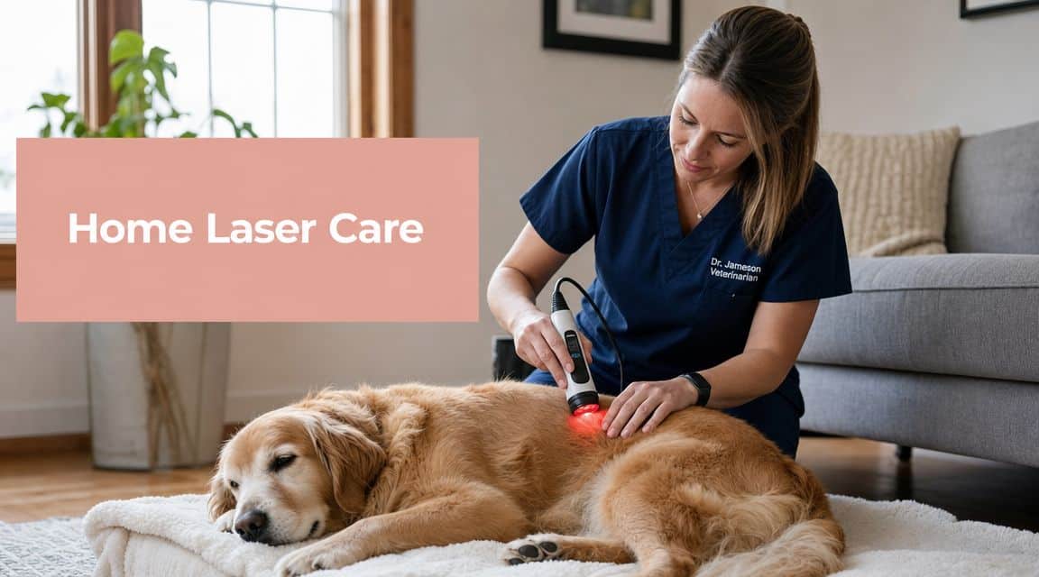Vet performs at-home laser therapy on a golden retriever lying on a rug; pink 'Home Laser Care' banner