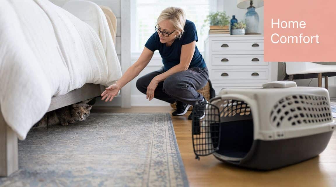 A woman gently encourages her scared cat to come out from under the bed into a pet carrier.
