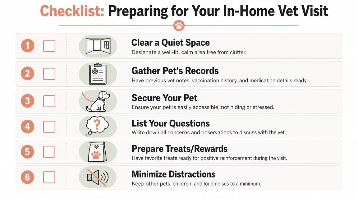 A checklist of six numbered steps for preparing your home for a professional veterinary visit.