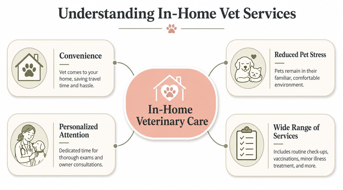 A diagram illustrating the benefits of in-home veterinary care, including convenience, reduced stress, and personalized attention.