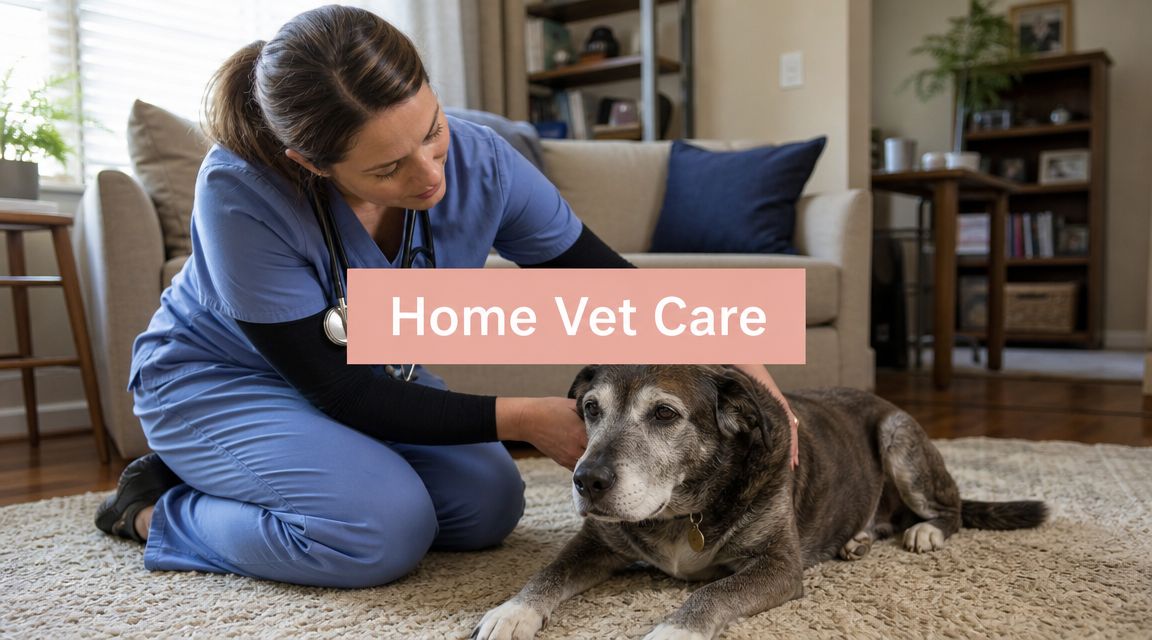 Veterinary nurse kneeling with an elderly dog on a rug in a cozy living room; banner reads 'Home Vet Care'.