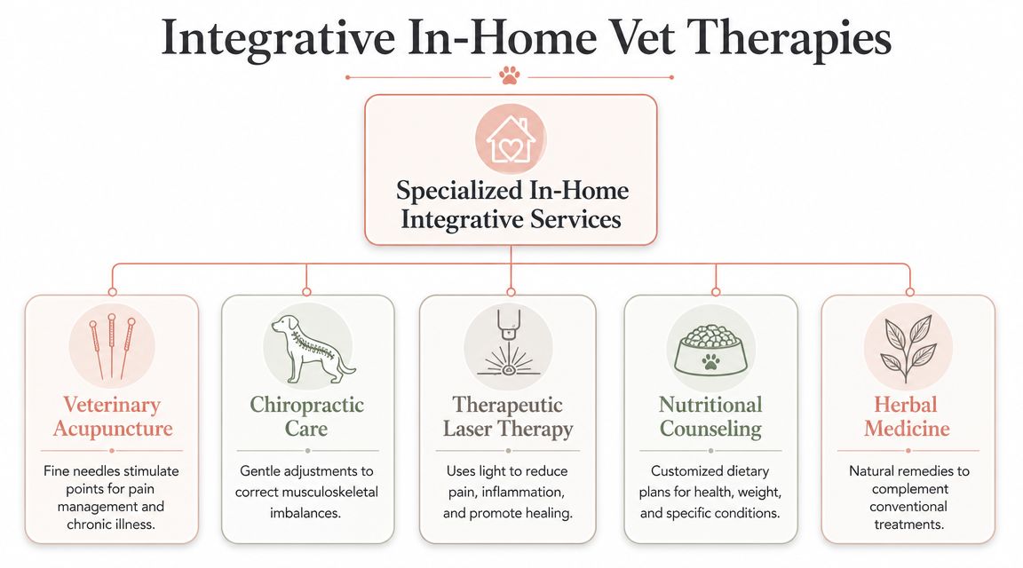 A chart showing various in-home veterinary services including acupuncture, chiropractic care, laser therapy, nutrition, and herbal medicine.
