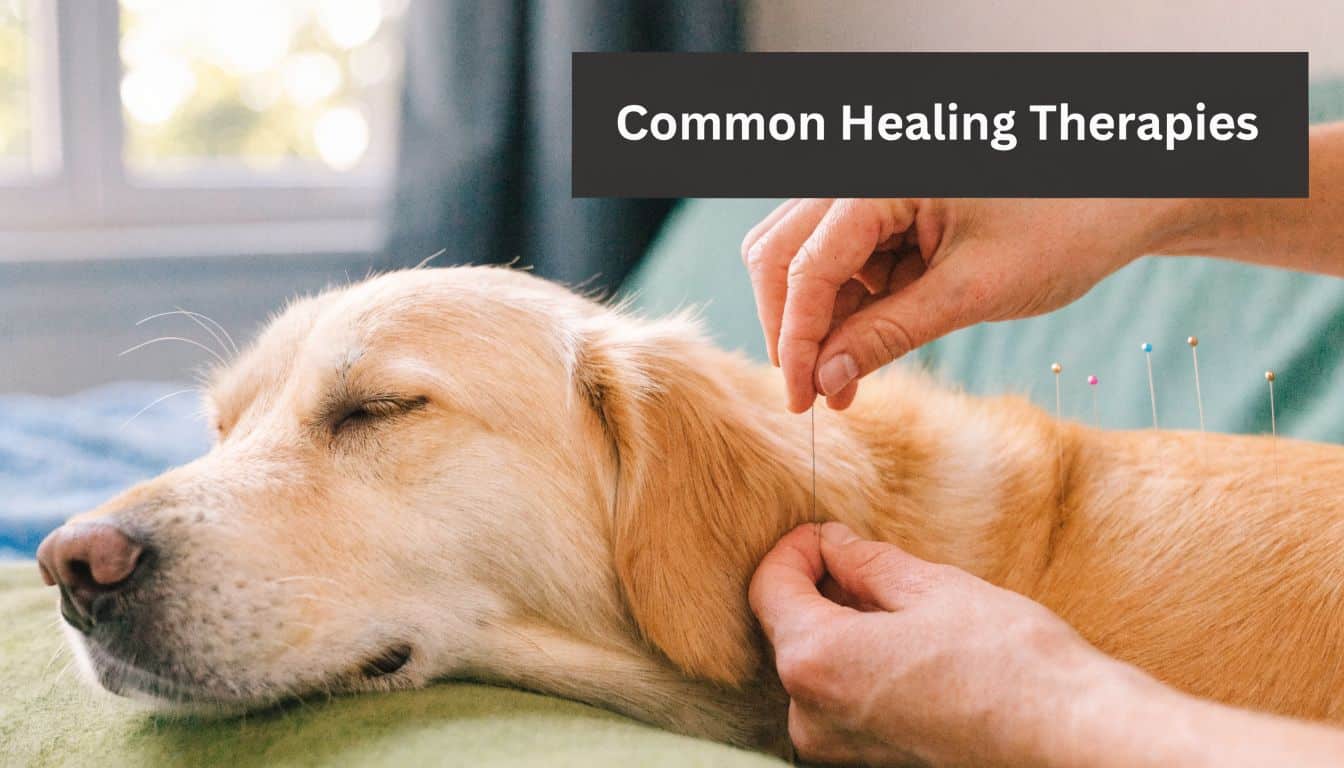 A gentle veterinarian performs acupuncture on a calm golden retriever dog resting on a green surface.