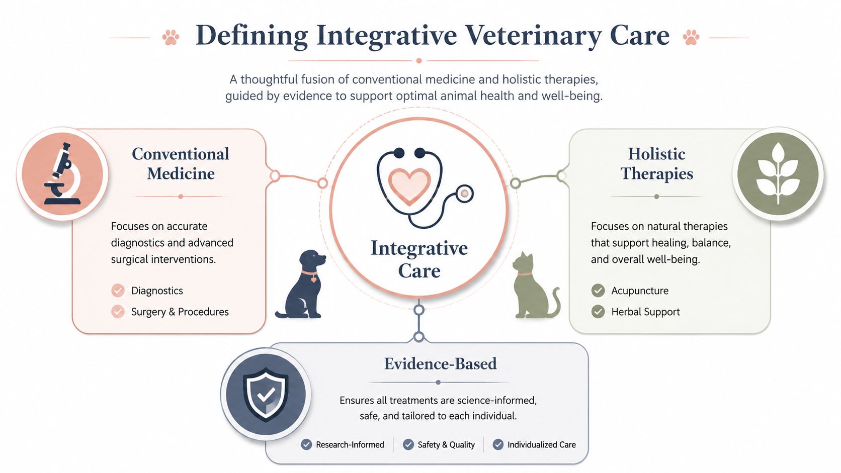 A diagram defining integrative veterinary care as a combination of conventional medicine, holistic therapies, and evidence-based practices.