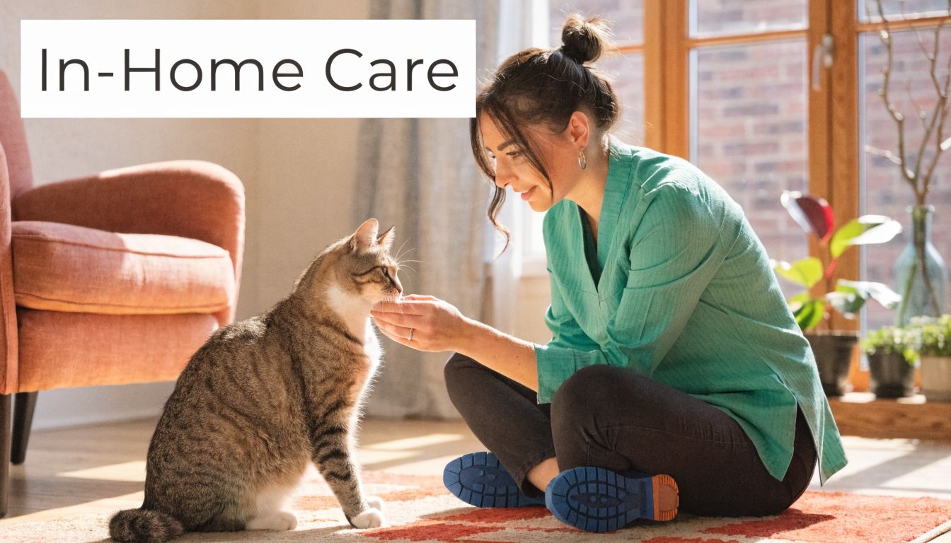 A professional pet sitter gently hand-feeding a domestic tabby cat during an in-home care visit.