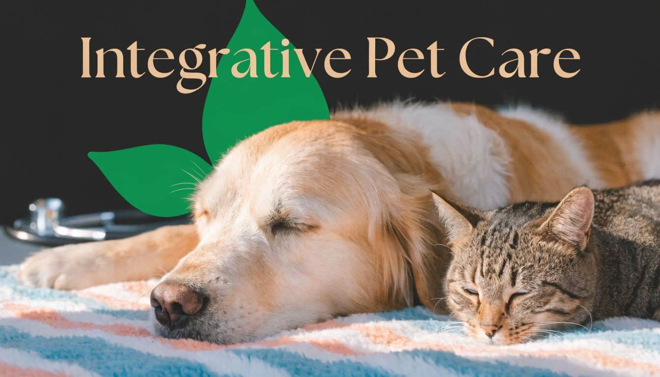 Dog and cat asleep together on a striped blanket beneath the 'Integrative Pet Care' logo text.