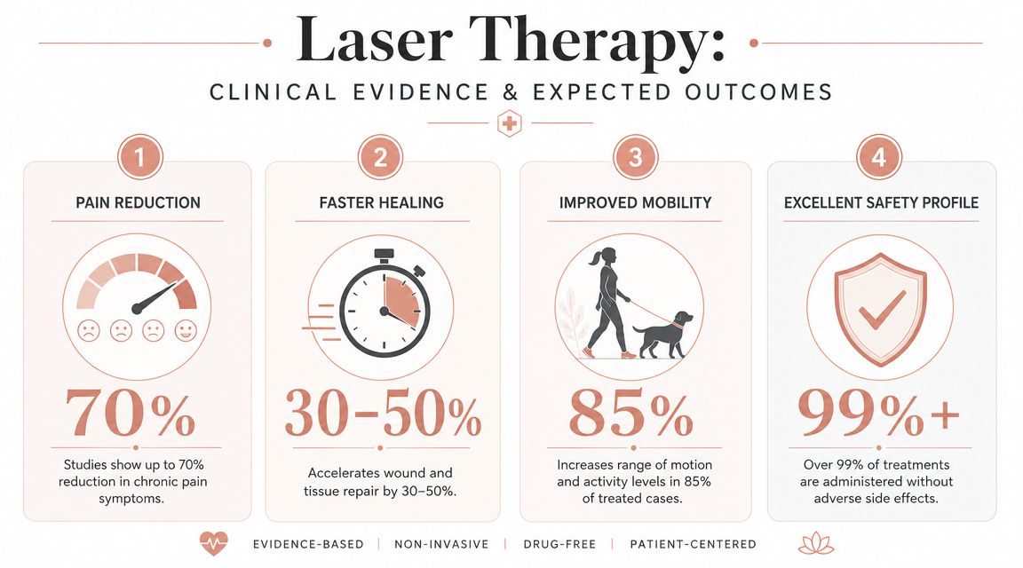 An infographic detailing the benefits of clinical laser therapy, including pain reduction, faster healing, and improved mobility.