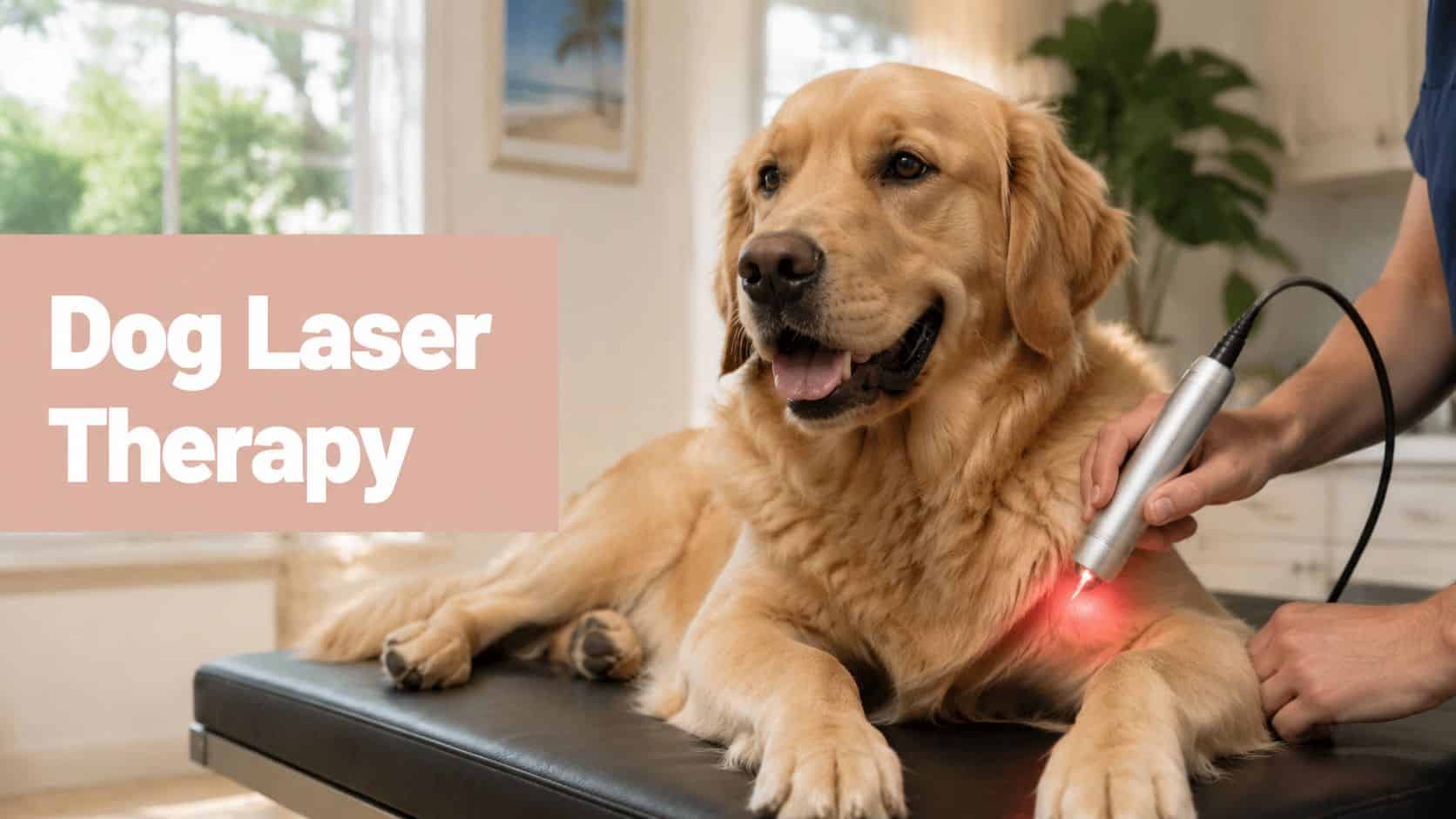 Golden retriever on a treatment table receiving laser therapy on its hind leg as a clinician holds a silver laser device emitting red light.