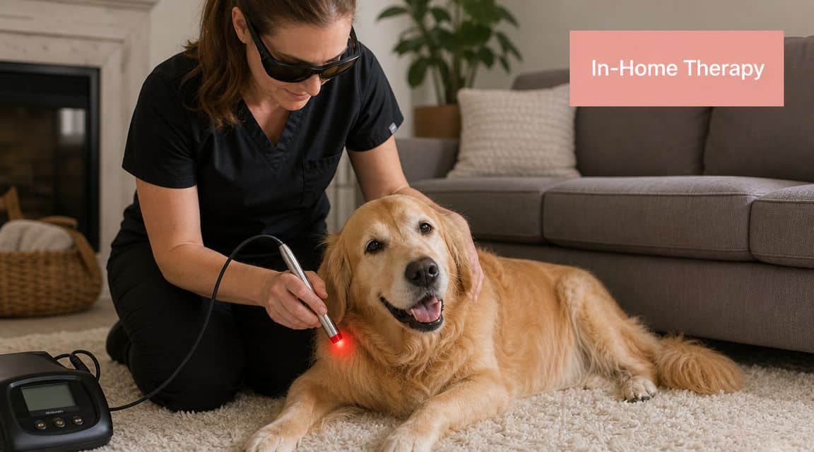 A professional veterinarian performing laser therapy on a golden retriever dog in a cozy home setting.