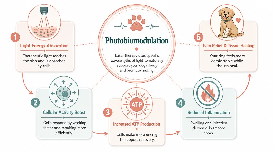 A five-step infographic explaining how photobiomodulation laser therapy works to heal and reduce pain in dogs.