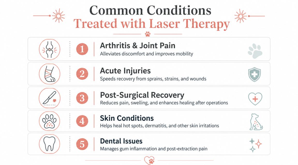 An infographic listing five common veterinary conditions treated with laser therapy including joint pain and injuries.