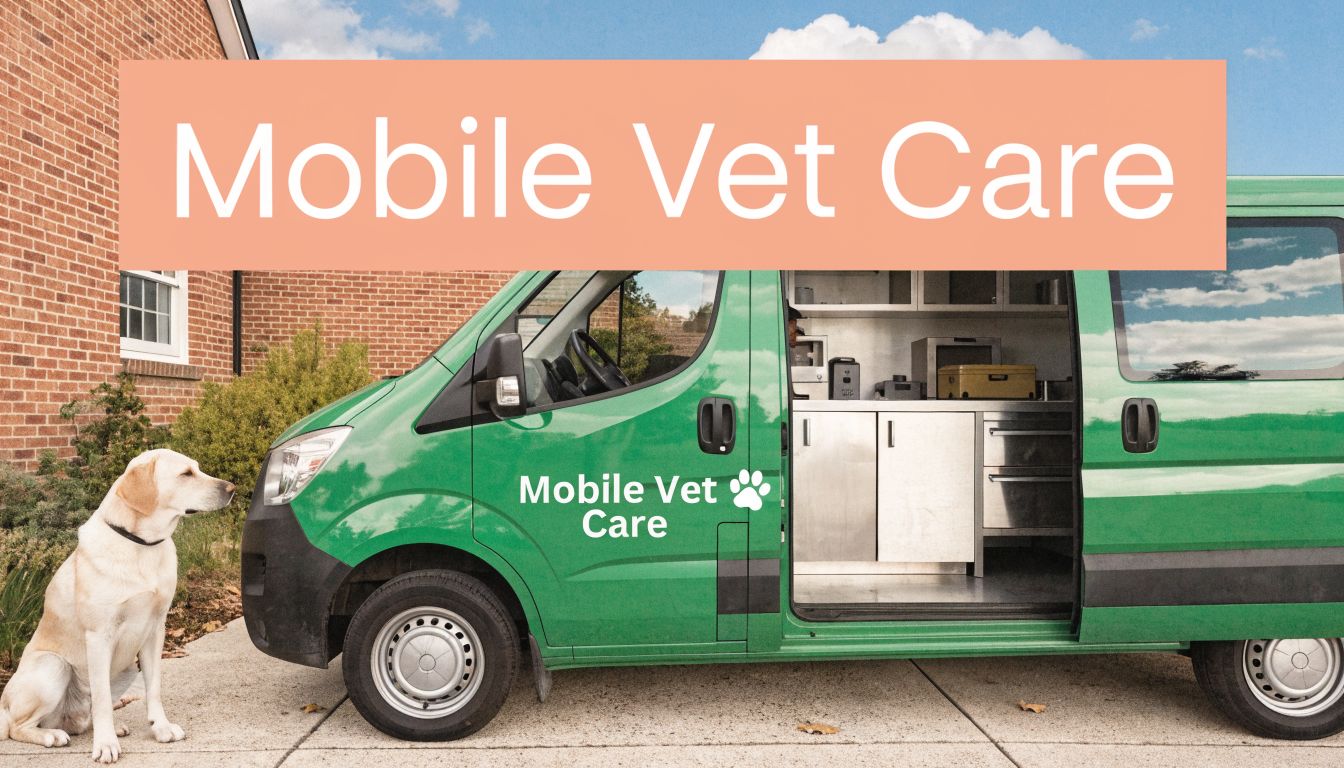 Green mobile veterinary clinic van with open side door parked beside a curb; 'Mobile Vet Care' branding on door, a yellow Labrador sits nearby on the sidewalk.