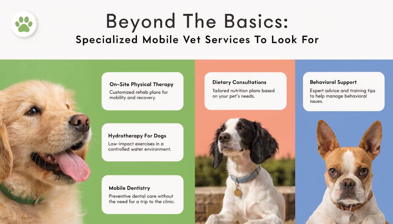 A graphic showing specialized mobile veterinary services like physical therapy, dietary consultations, and behavioral support for pets.