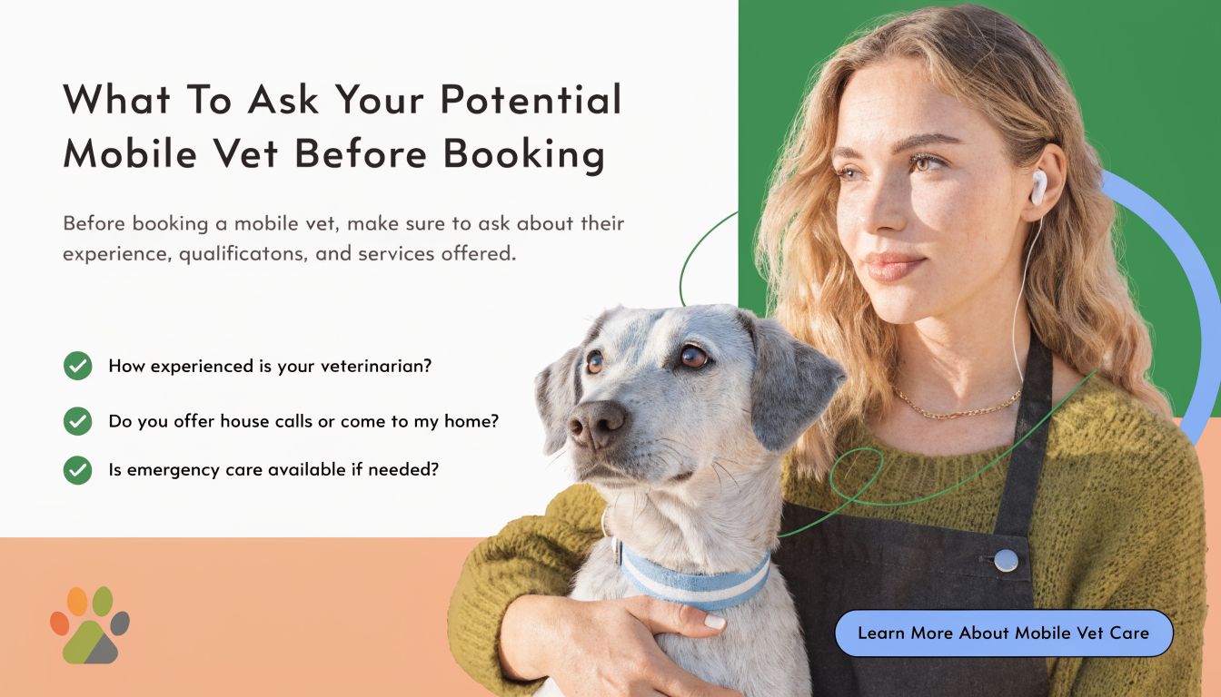 A woman holding her dog while reading tips about what to ask a potential mobile veterinarian.