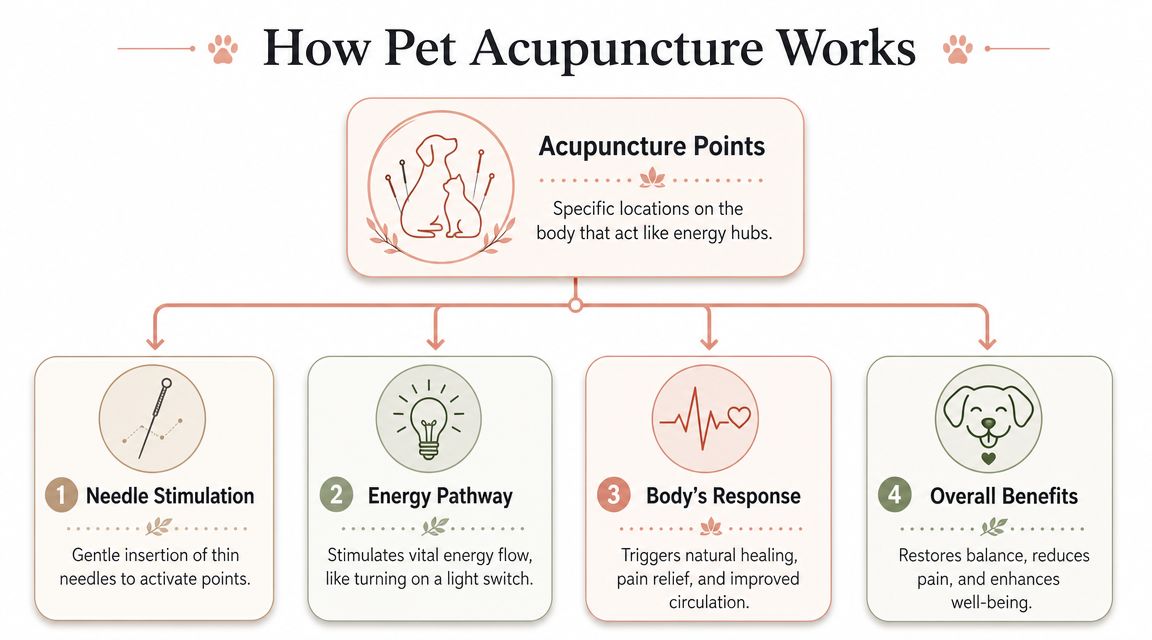 A flowchart infographic explaining how pet acupuncture works, showing steps from needle stimulation to healing benefits.