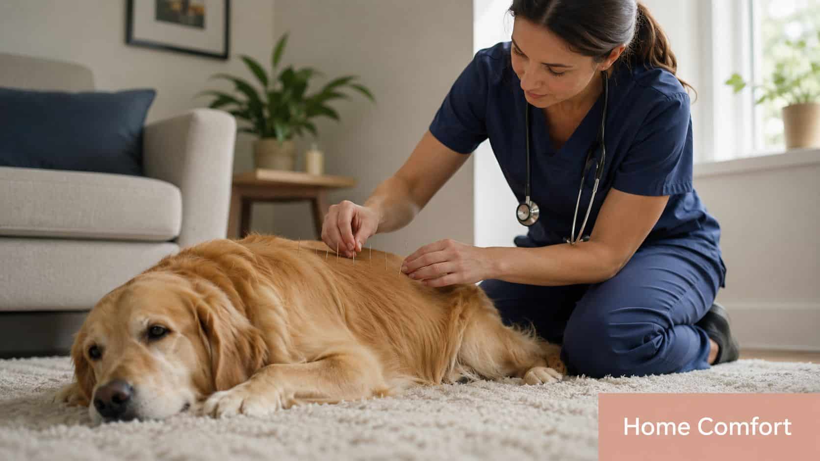 A veterinarian performing acupuncture on a golden retriever dog resting on a carpet in a home setting.