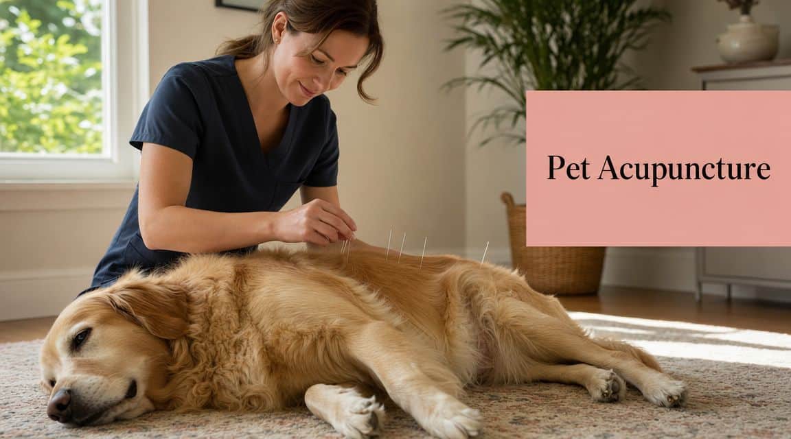 Veterinarian performing acupuncture on a golden retriever resting on a rug at home, needles along its back (overlay reads 'Pet Acupuncture').