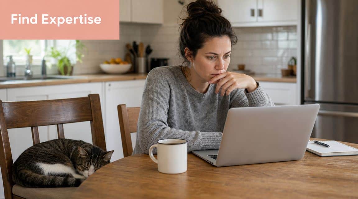 A woman working on a laptop at a kitchen table while her cat sleeps on a chair.