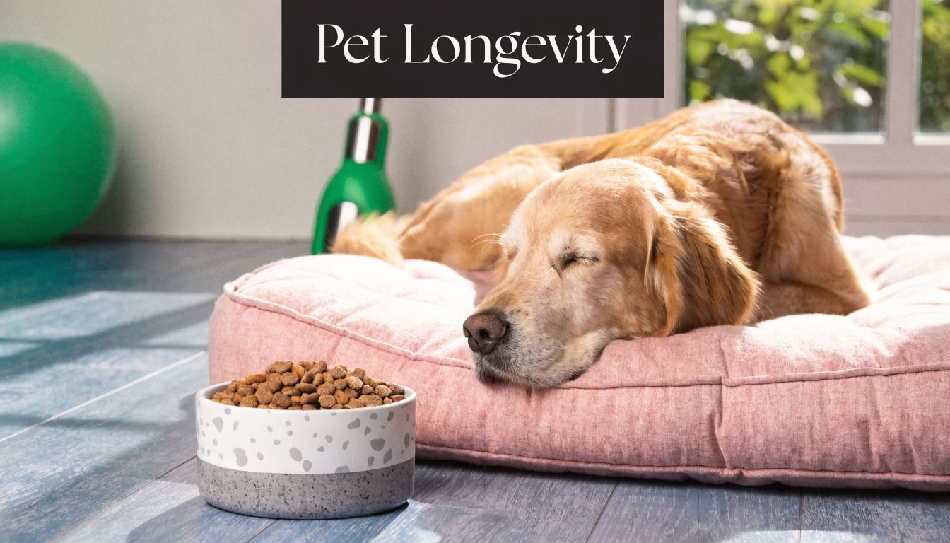Golden retriever asleep on a pink dog bed with a bowl of kibble nearby; 'Pet Longevity' banner at the top.