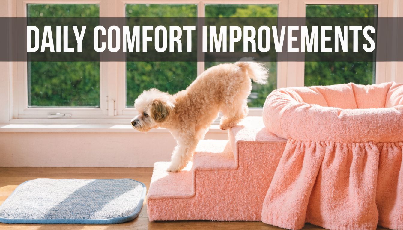 A small fluffy dog climbing up pink carpeted pet stairs towards a comfortable elevated bed.