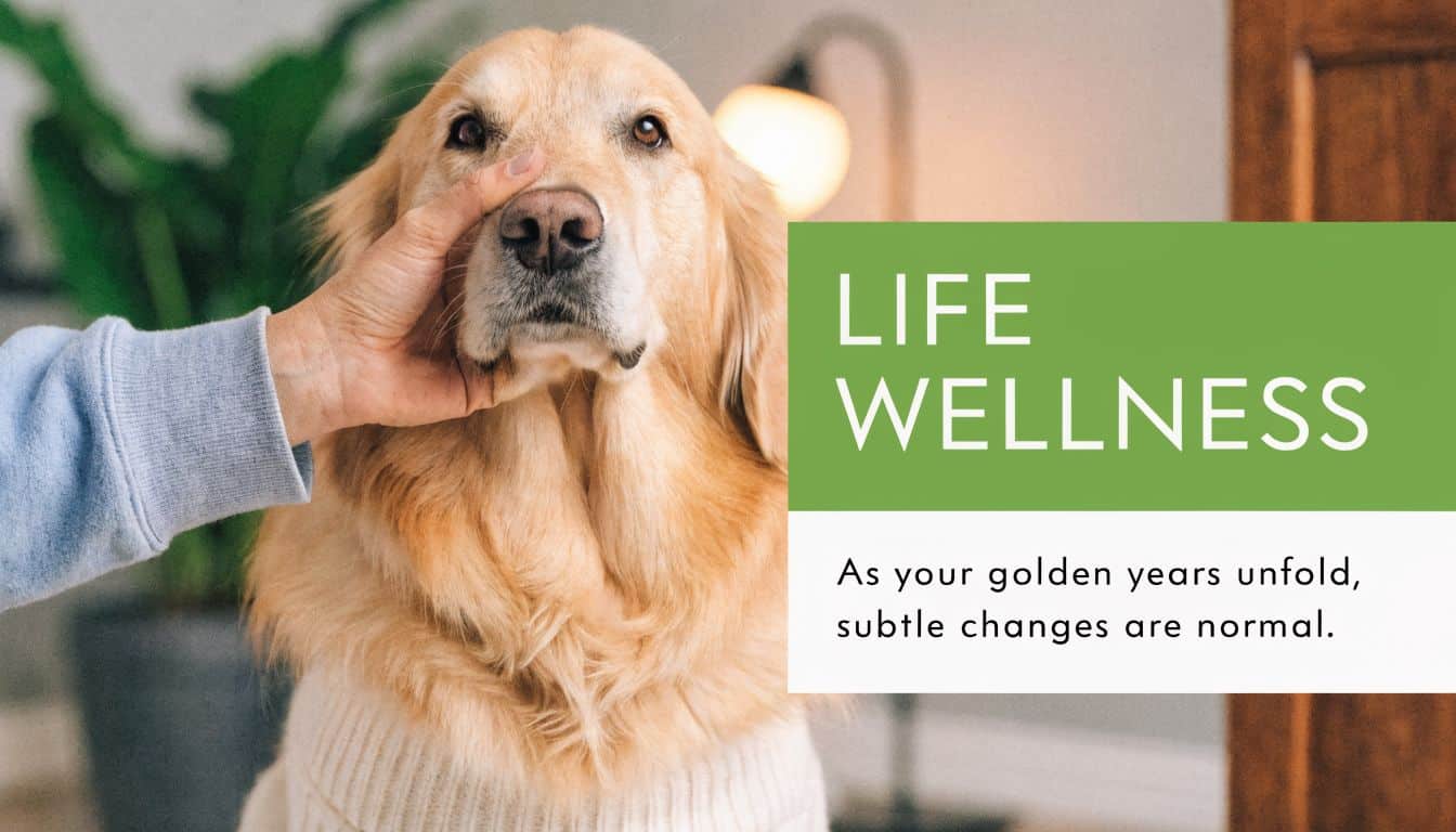 A person gently holds the face of a senior golden retriever wearing a cozy knit sweater.
