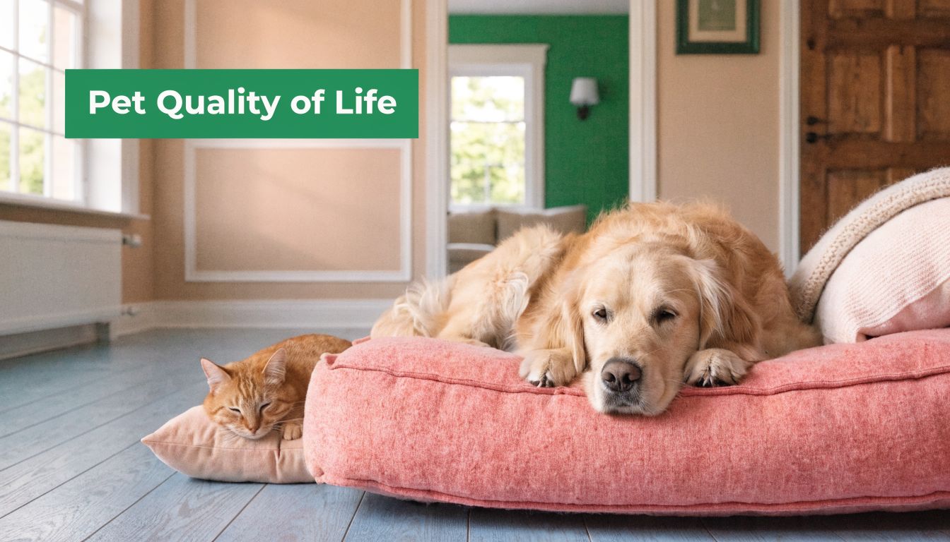 Golden retriever and orange cat resting on a pink pet bed in a cozy living room; green banner reads 'Pet Quality of Life'.